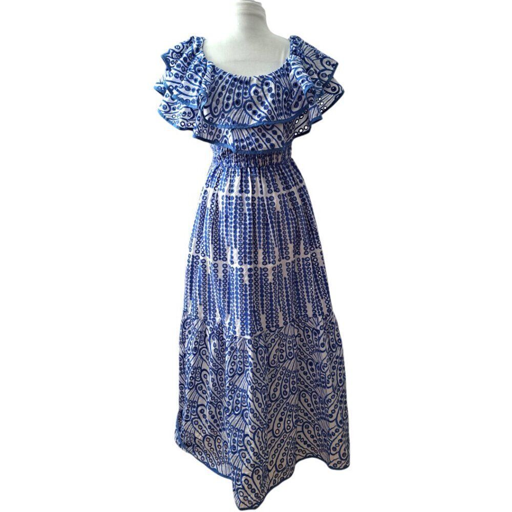 Daphne Lo Women Ruffle Tiered Boho Eyelet Travel Vacation Smocked Waist Dress S
